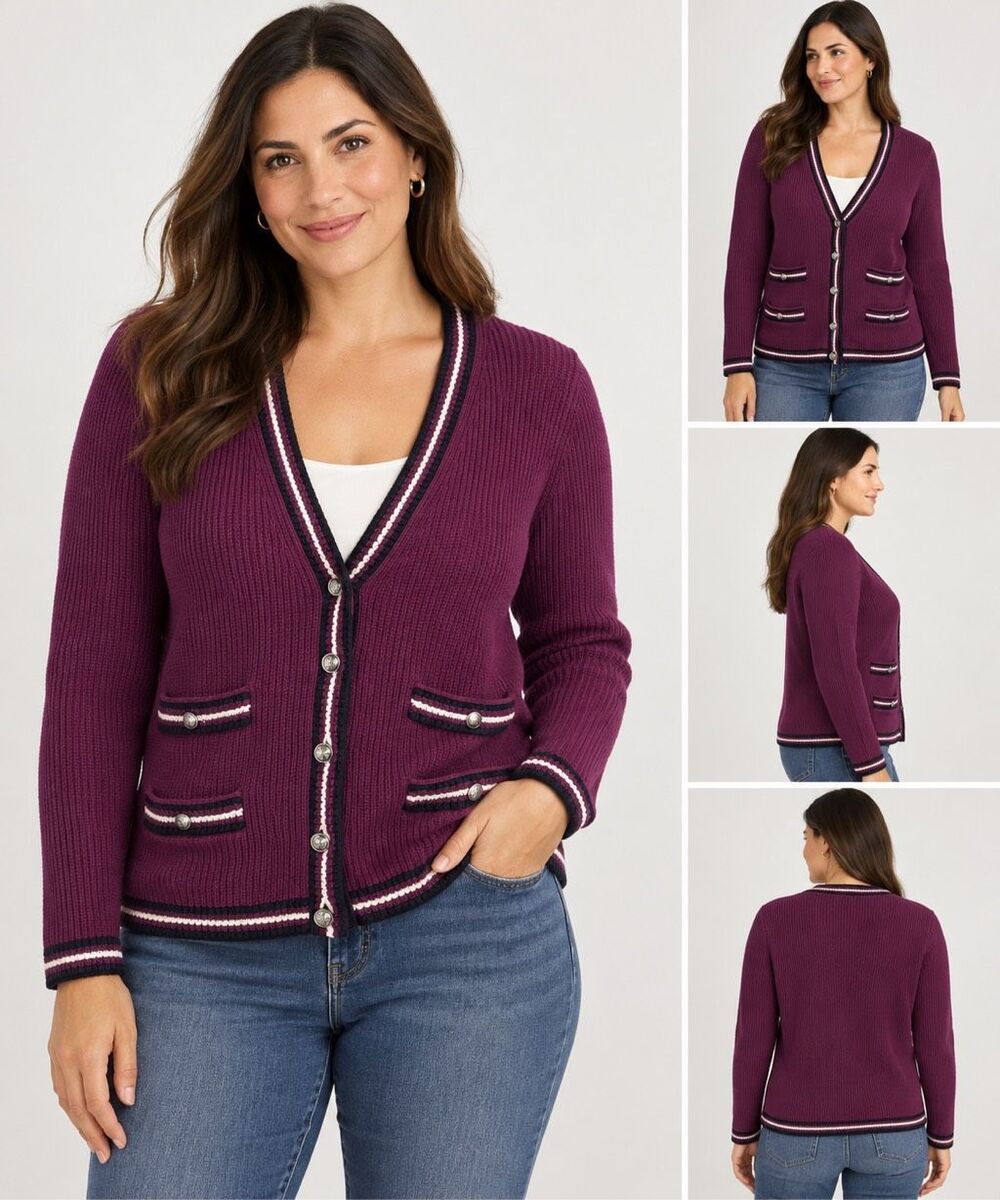 Talbots V-Neck Cardigan Stripe in Mulberry Wine 100% cotton